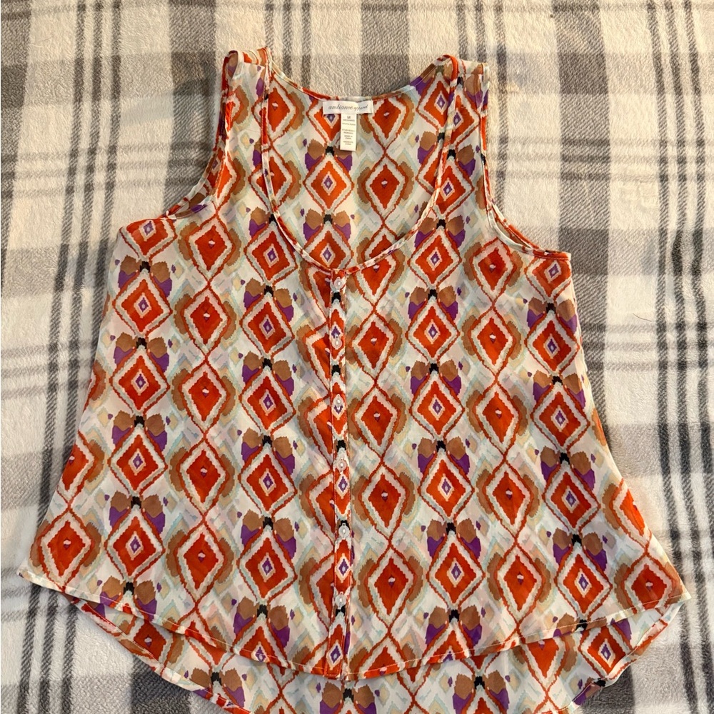 Sleeveless Geometric Print Button-Front Tank Top - Orange